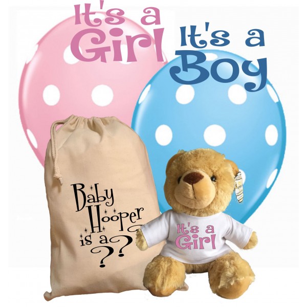 Personalised Gender Reveal Teddy Bear With Matching Gift Bag - Baby Hooper Design - Boy Girl